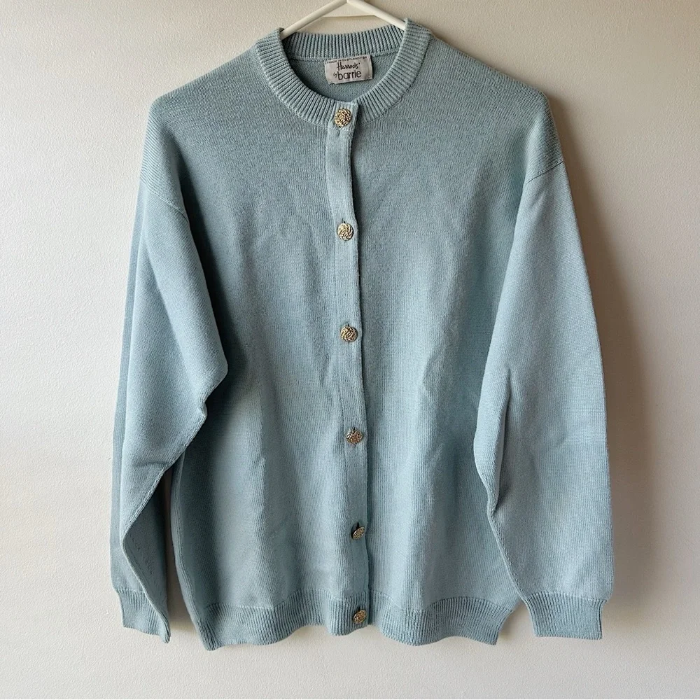 Vintage Harrods By Barrie 100% Merino Wool Made In Scotland Cardigan Egg Blue XL